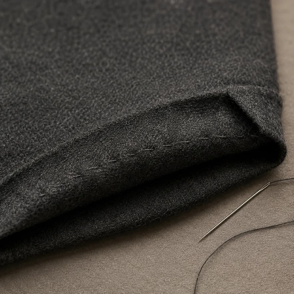 Close detail of a blind stitch on charcoal wool.