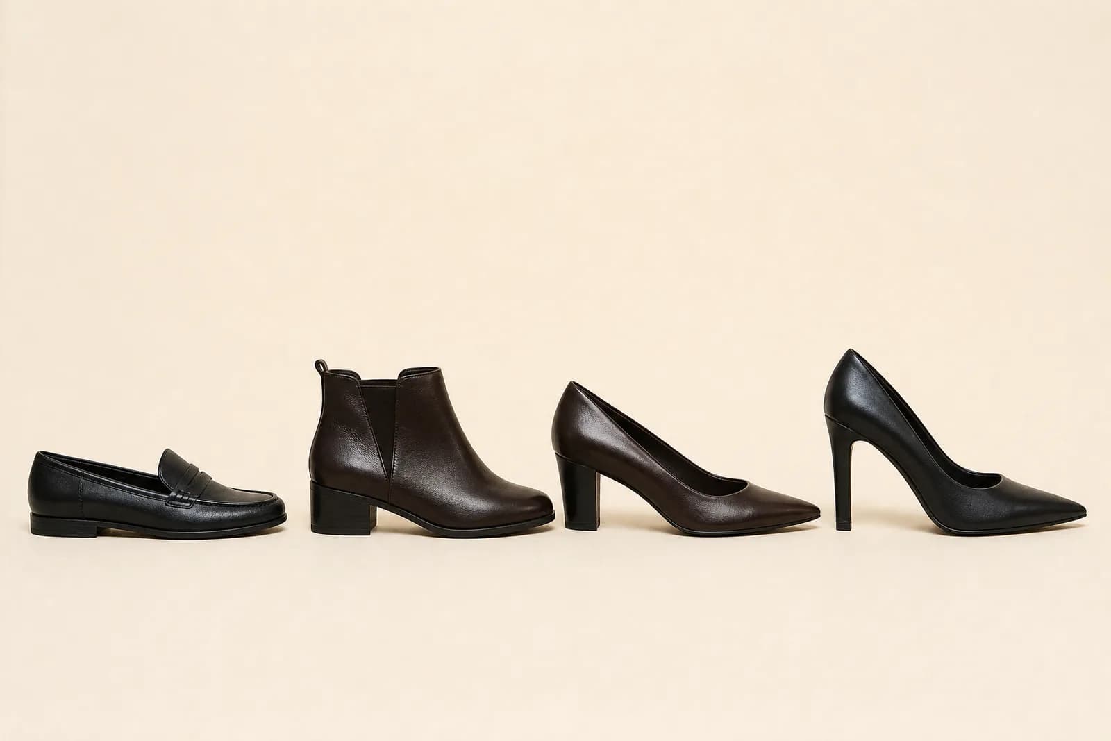 Four empty shoes in a row on pale paper, ordered by increasing heel height.