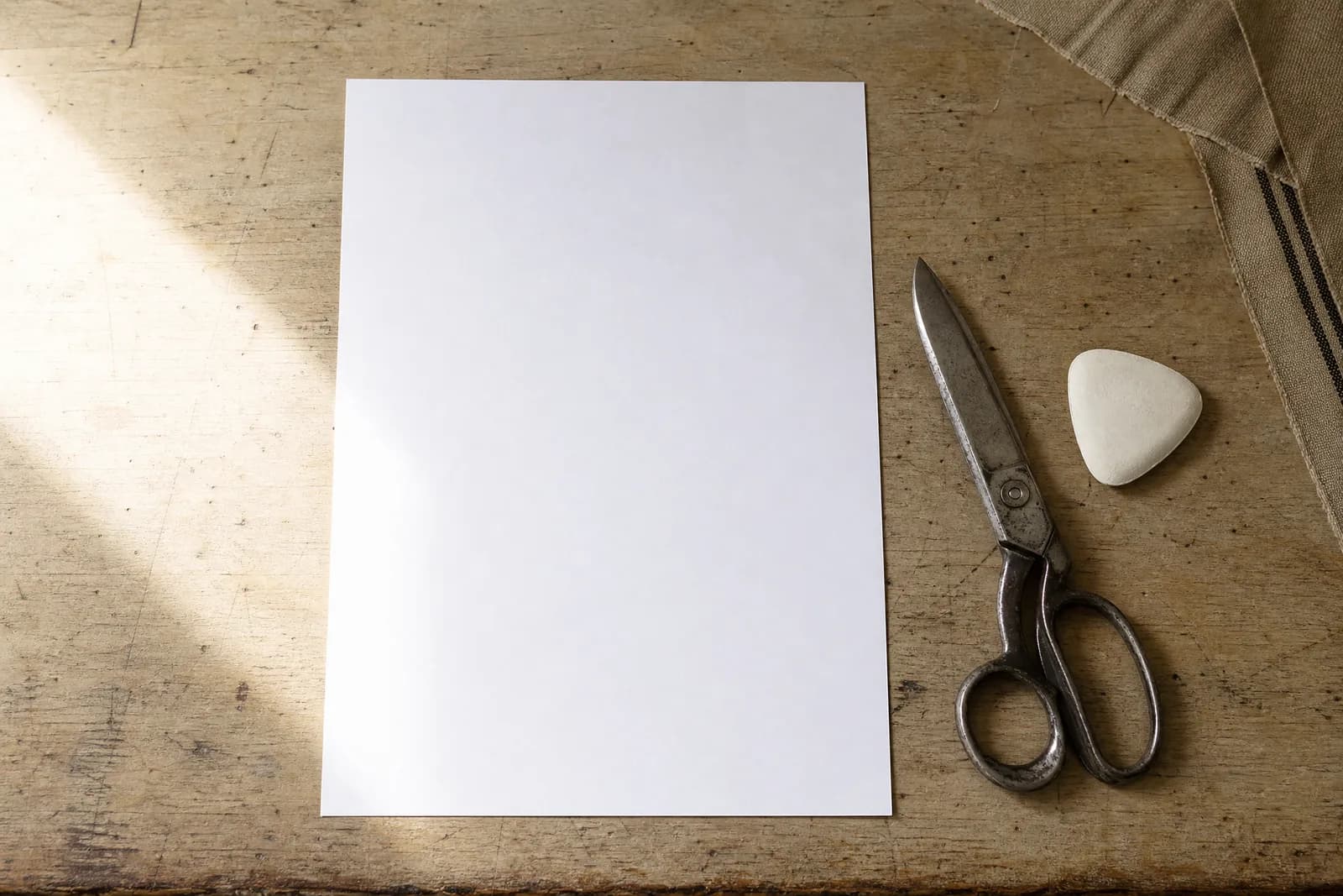 A blank sheet of paper on a worn wooden counter beside tailor's shears and chalk.