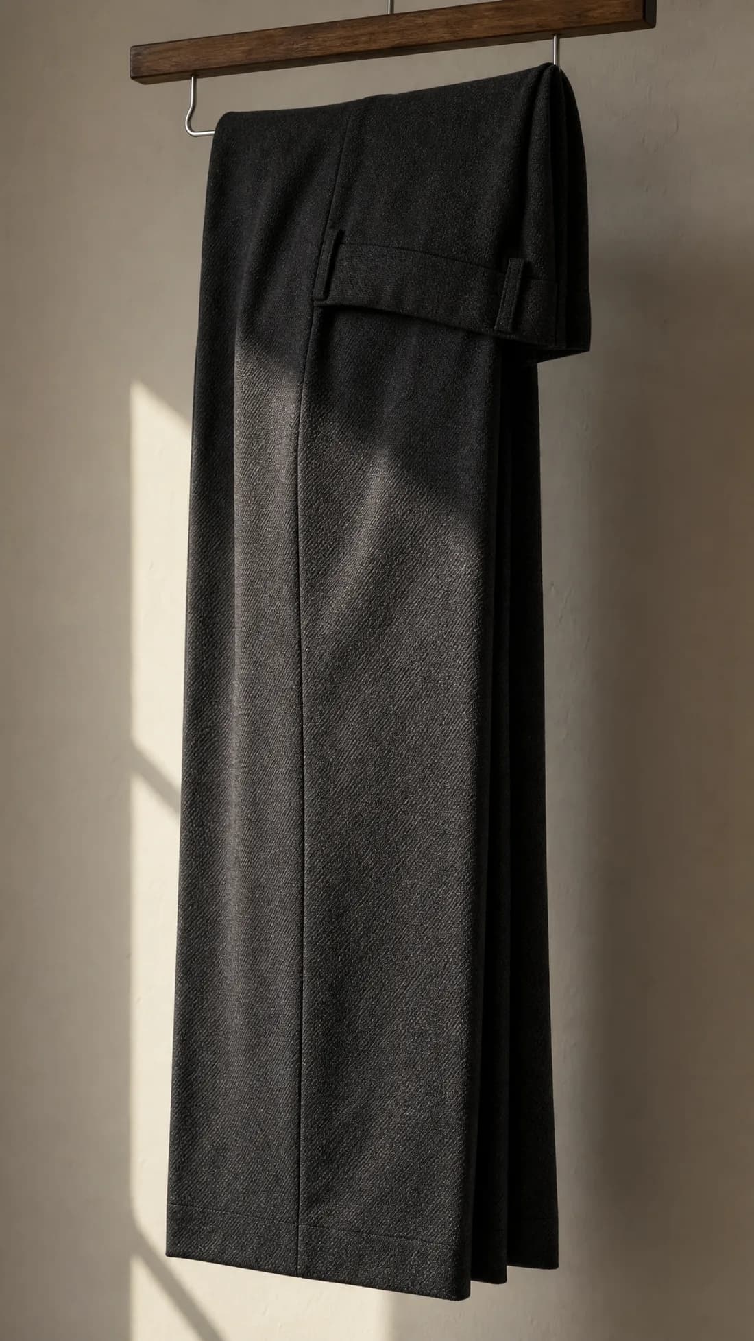 A charcoal wool trouser leg hanging from a wooden hanger against a pale wall, raking light across the weave.
